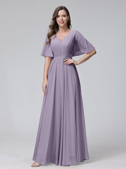 Vestidos de Dama de Honra Longos Em Chiffon com Decote Em V e Meia Manga e Bolsos com Babados