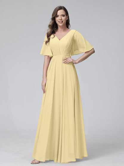 Vestidos de Dama de Honra Longos Em Chiffon com Decote Em V e Meia Manga e Bolsos com Babados