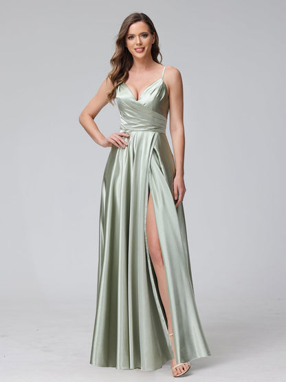 Vestidos de Dama de Honra Longos de Cetim de Seda Sem Mangas com Bolsos e Laterais Divididas