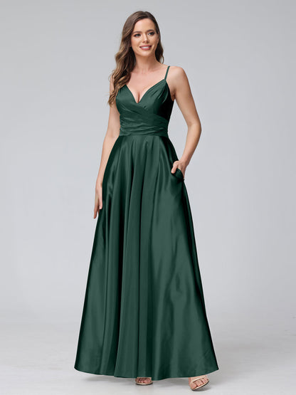 Vestidos de Dama de Honra Longos de Cetim de Seda Sem Mangas com Bolsos e Laterais Divididas