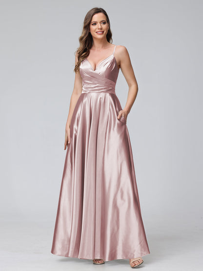 Vestidos de Dama de Honra Longos de Cetim de Seda Sem Mangas com Bolsos e Laterais Divididas