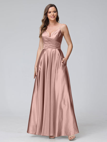 Vestidos de Dama de Honra Longos de Cetim de Seda Sem Mangas com Bolsos e Laterais Divididas
