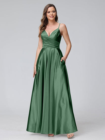 Vestidos de Dama de Honra Longos de Cetim de Seda Sem Mangas com Bolsos e Laterais Divididas