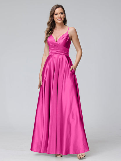 Vestidos de Dama de Honra Longos de Cetim de Seda Sem Mangas com Bolsos e Laterais Divididas