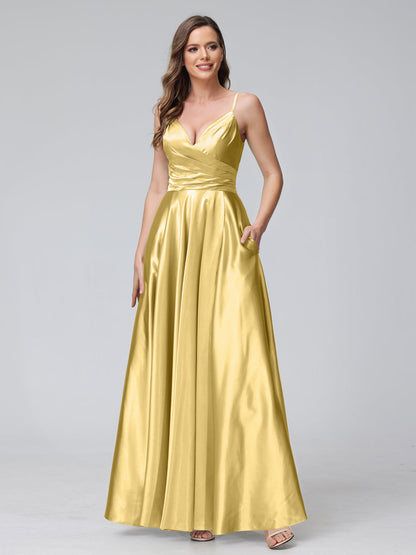 Vestidos de Dama de Honra Longos de Cetim de Seda Sem Mangas com Bolsos e Laterais Divididas