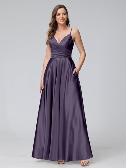 Vestidos de Dama de Honra Longos de Cetim de Seda Sem Mangas com Bolsos e Laterais Divididas