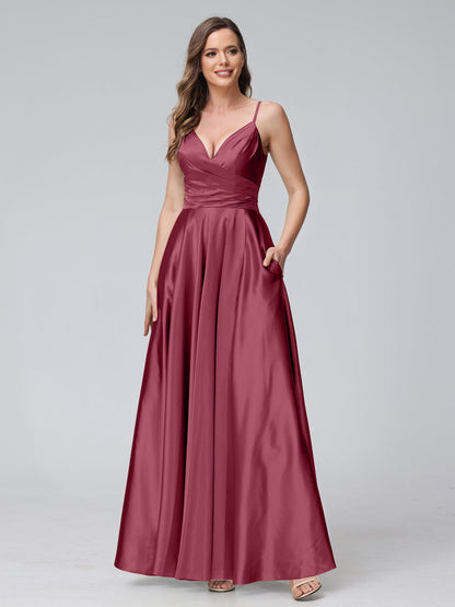 Vestidos de Dama de Honra Longos de Cetim de Seda Sem Mangas com Bolsos e Laterais Divididas