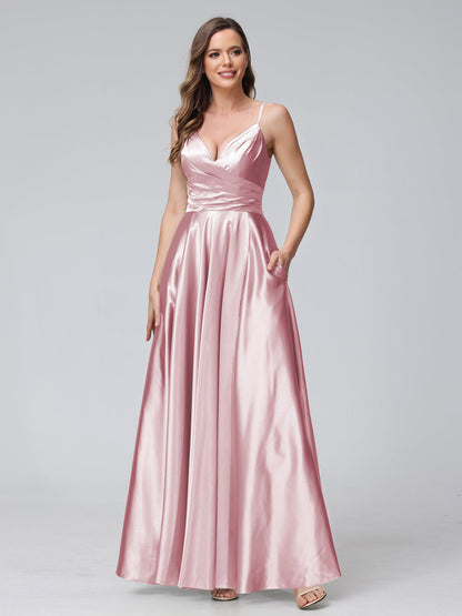 Vestidos de Dama de Honra Longos de Cetim de Seda Sem Mangas com Bolsos e Laterais Divididas