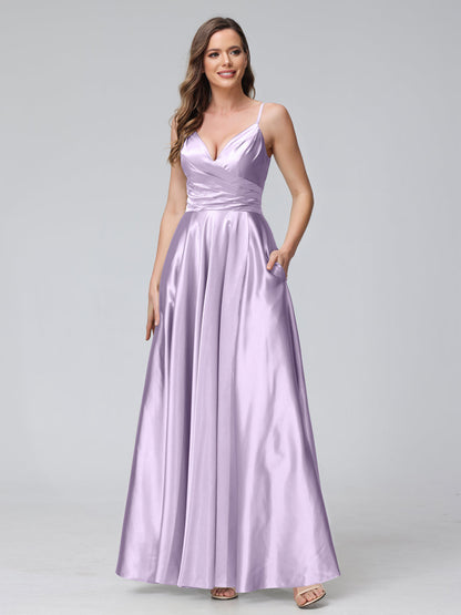 Vestidos de Dama de Honra Longos de Cetim de Seda Sem Mangas com Bolsos e Laterais Divididas