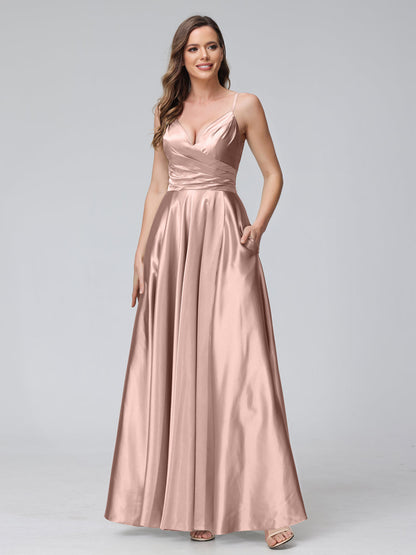 Vestidos de Dama de Honra Longos de Cetim de Seda Sem Mangas com Bolsos e Laterais Divididas