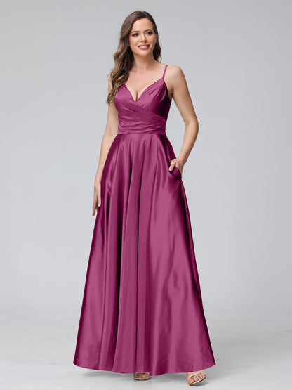 Vestidos de Dama de Honra Longos de Cetim de Seda Sem Mangas com Bolsos e Laterais Divididas