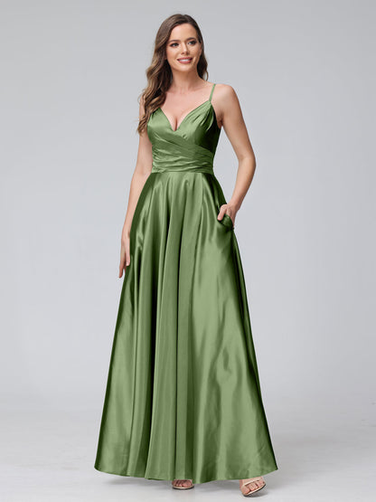 Vestidos de Dama de Honra Longos de Cetim de Seda Sem Mangas com Bolsos e Laterais Divididas