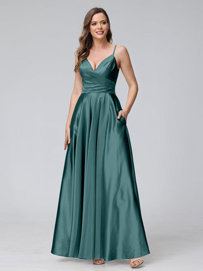 Vestidos de Dama de Honra Longos de Cetim de Seda Sem Mangas com Bolsos e Laterais Divididas