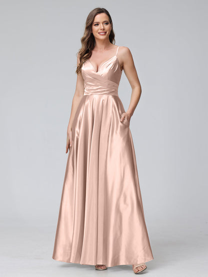 Vestidos de Dama de Honra Longos de Cetim de Seda Sem Mangas com Bolsos e Laterais Divididas