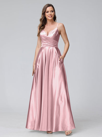 Vestidos de Dama de Honra Longos de Cetim de Seda Sem Mangas com Bolsos e Laterais Divididas