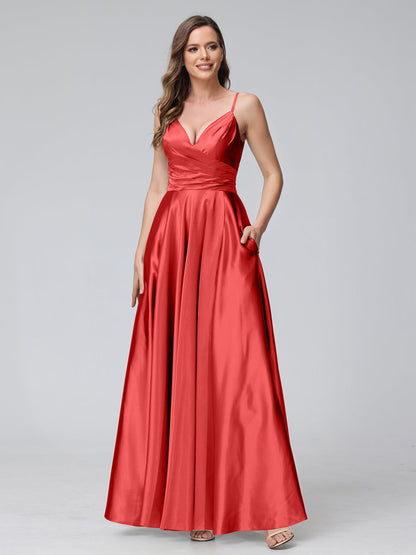 Vestidos de Dama de Honra Longos de Cetim de Seda Sem Mangas com Bolsos e Laterais Divididas