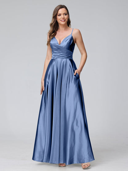 Vestidos de Dama de Honra Longos de Cetim de Seda Sem Mangas com Bolsos e Laterais Divididas