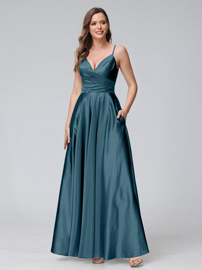 Vestidos de Dama de Honra Longos de Cetim de Seda Sem Mangas com Bolsos e Laterais Divididas