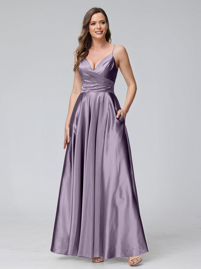 Vestidos de Dama de Honra Longos de Cetim de Seda Sem Mangas com Bolsos e Laterais Divididas