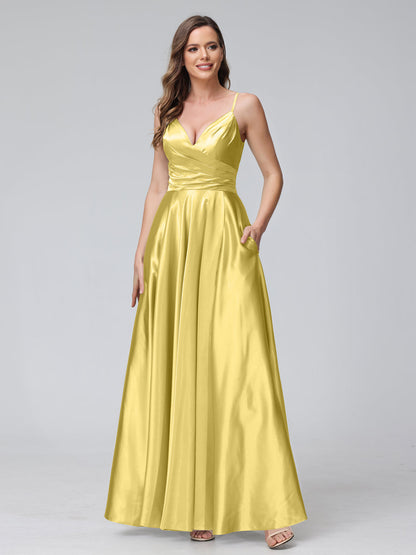 Vestidos de Dama de Honra Longos de Cetim de Seda Sem Mangas com Bolsos e Laterais Divididas
