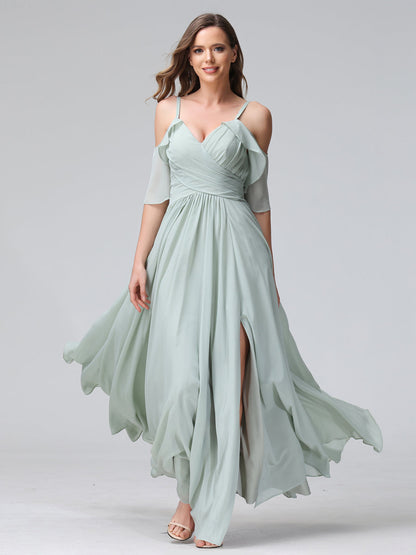Vestidos Longos de Dama de Honra Em Chiffon com Decote Em V e Alças Finas