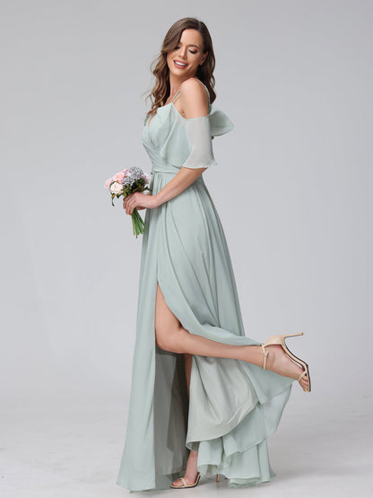 Vestidos Longos de Dama de Honra Em Chiffon com Decote Em V e Alças Finas