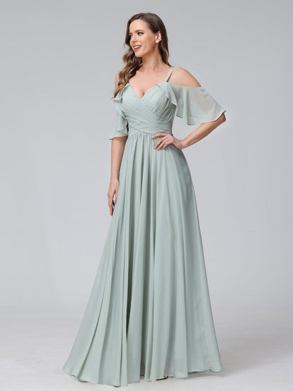 Vestidos Longos de Dama de Honra Em Chiffon com Decote Em V e Alças Finas