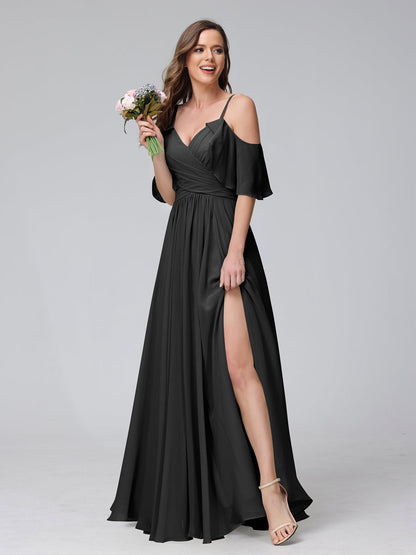 Vestidos Longos de Dama de Honra Em Chiffon com Decote Em V e Alças Finas