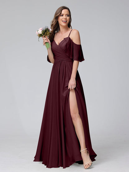 Vestidos Longos de Dama de Honra Em Chiffon com Decote Em V e Alças Finas