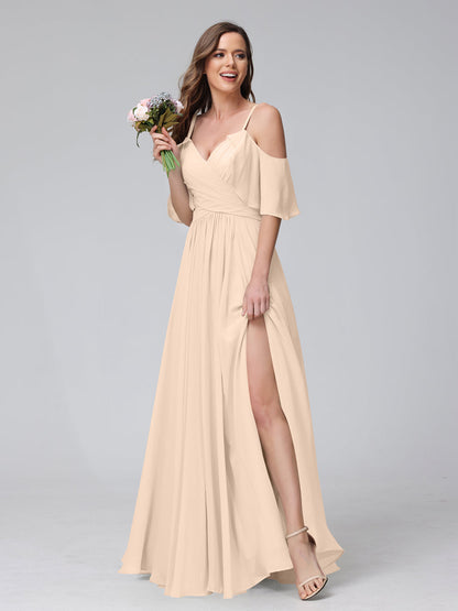 Vestidos Longos de Dama de Honra Em Chiffon com Decote Em V e Alças Finas