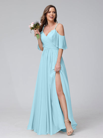 Vestidos Longos de Dama de Honra Em Chiffon com Decote Em V e Alças Finas