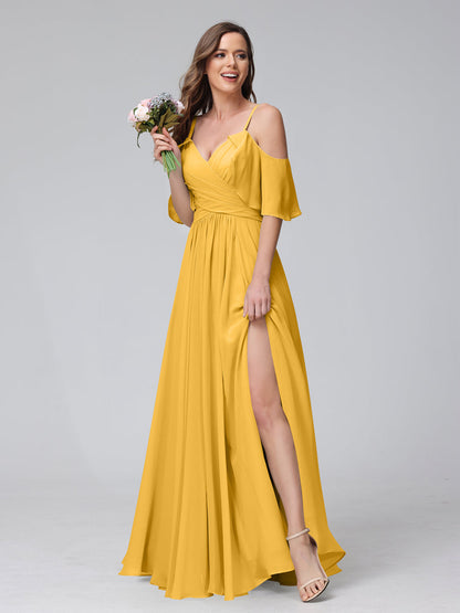Vestidos Longos de Dama de Honra Em Chiffon com Decote Em V e Alças Finas