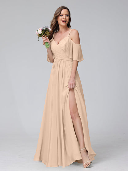 Vestidos Longos de Dama de Honra Em Chiffon com Decote Em V e Alças Finas