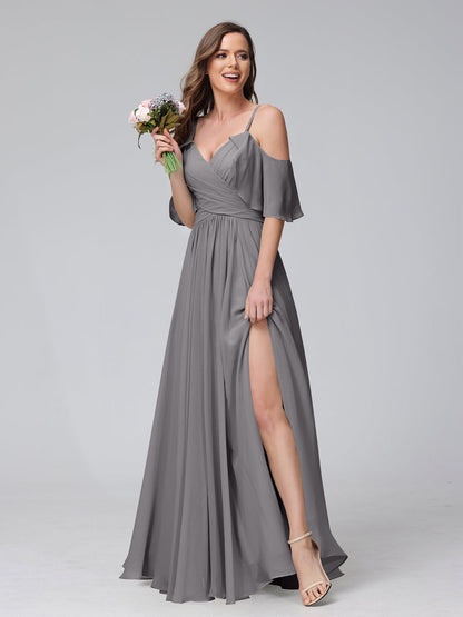 Vestidos Longos de Dama de Honra Em Chiffon com Decote Em V e Alças Finas