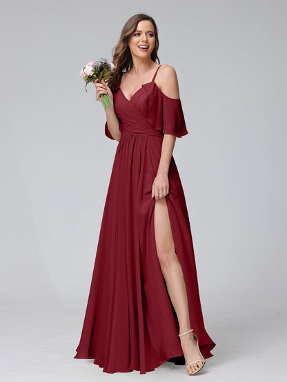 Vestidos Longos de Dama de Honra Em Chiffon com Decote Em V e Alças Finas