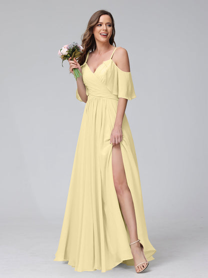 Vestidos Longos de Dama de Honra Em Chiffon com Decote Em V e Alças Finas