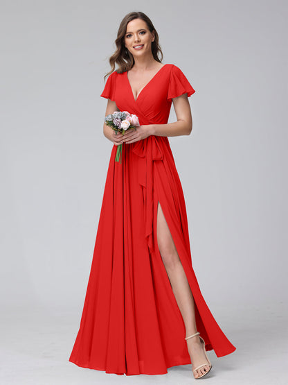 Vestidos de Dama de Honra Linha A com Decote Em V Mangas Curtas Chiffon Longo e Lado Dividido
