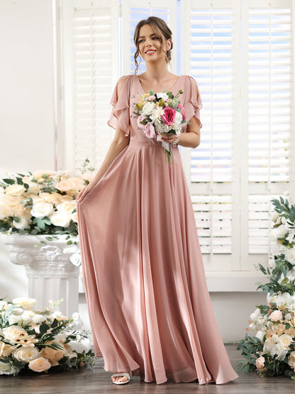 Vestidos de Dama de Honra Em Chiffon Linha A com Mangas Curtas e Laterais Divididas Até O Chão