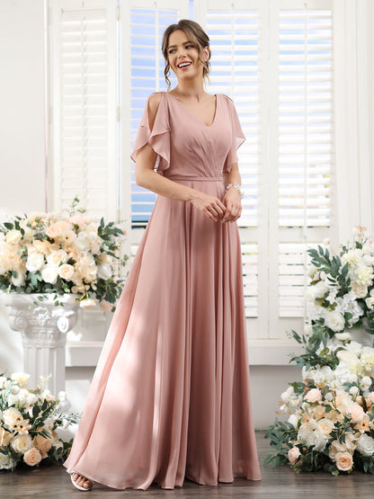 Vestidos de Dama de Honra Em Chiffon Linha A com Mangas Curtas e Laterais Divididas Até O Chão