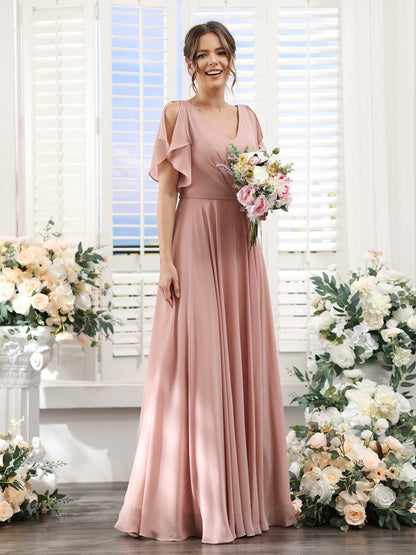 Vestidos de Dama de Honra Em Chiffon Linha A com Mangas Curtas e Laterais Divididas Até O Chão