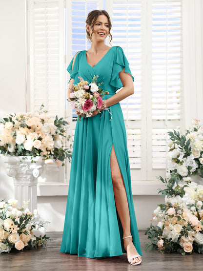 Vestidos de Dama de Honra Em Chiffon Linha A com Mangas Curtas e Laterais Divididas Até O Chão