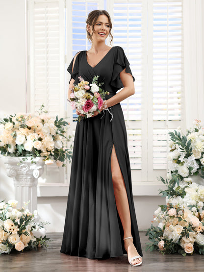 Vestidos de Dama de Honra Em Chiffon Linha A com Mangas Curtas e Laterais Divididas Até O Chão