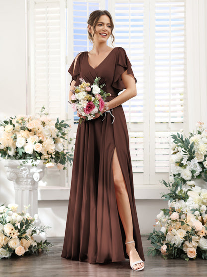 Vestidos de Dama de Honra Em Chiffon Linha A com Mangas Curtas e Laterais Divididas Até O Chão