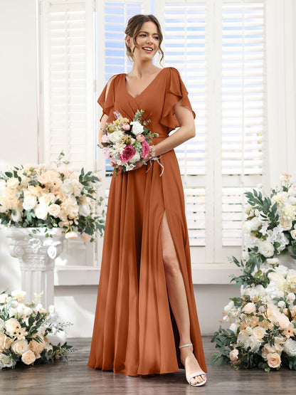Vestidos de Dama de Honra Em Chiffon Linha A com Mangas Curtas e Laterais Divididas Até O Chão