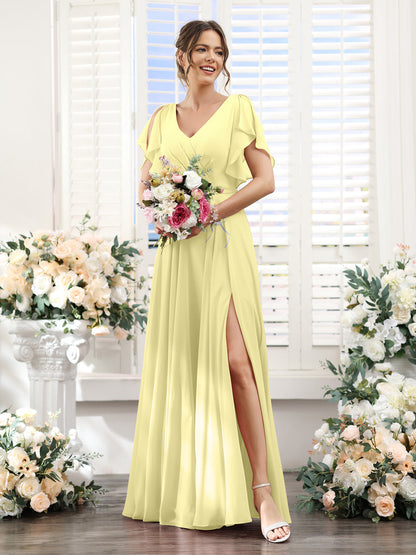 Vestidos de Dama de Honra Em Chiffon Linha A com Mangas Curtas e Laterais Divididas Até O Chão