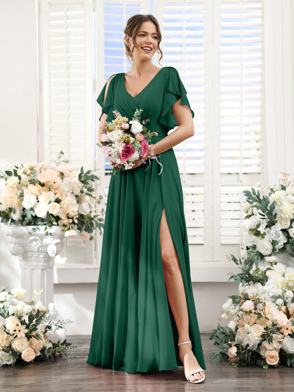 Vestidos de Dama de Honra Em Chiffon Linha A com Mangas Curtas e Laterais Divididas Até O Chão