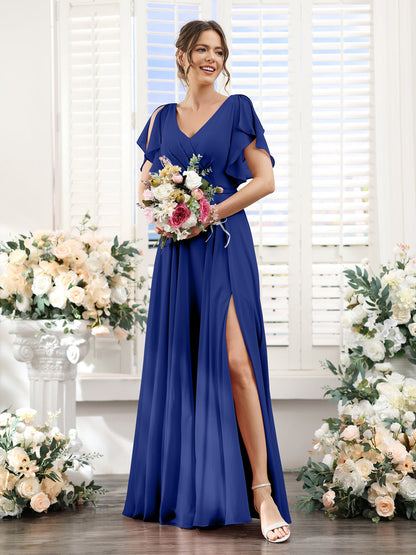 Vestidos de Dama de Honra Em Chiffon Linha A com Mangas Curtas e Laterais Divididas Até O Chão