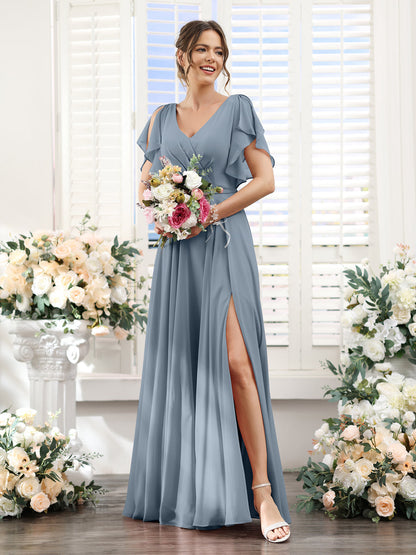 Vestidos de Dama de Honra Em Chiffon Linha A com Mangas Curtas e Laterais Divididas Até O Chão