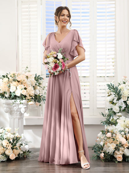 Vestidos de Dama de Honra Em Chiffon Linha A com Mangas Curtas e Laterais Divididas Até O Chão