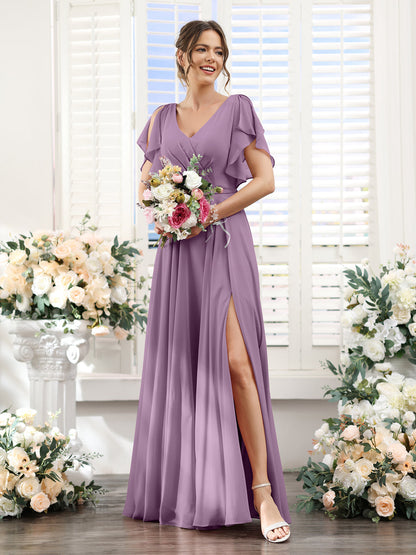 Vestidos de Dama de Honra Em Chiffon Linha A com Mangas Curtas e Laterais Divididas Até O Chão